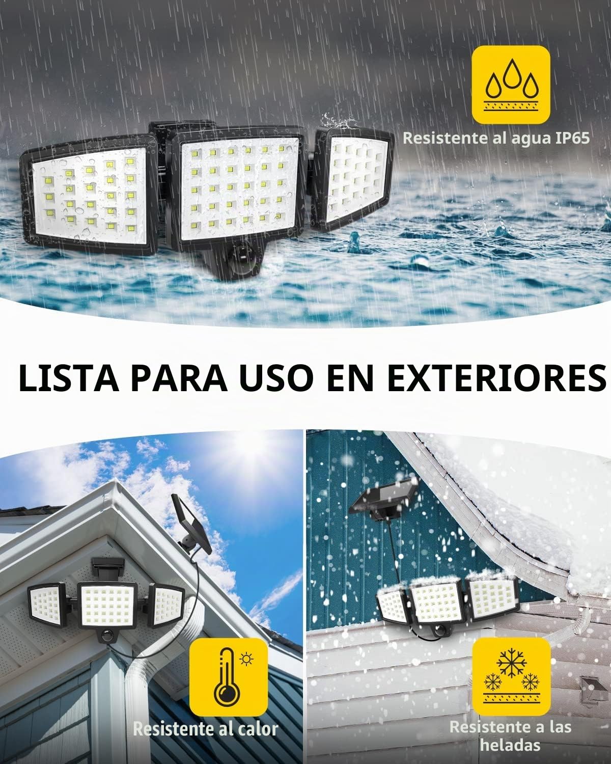 Lepro Luz Solar Exterior Detector de Movimiento, 72 LED 1000 LM, Pack de 2 | Foco Solar Exterior Potente de Seguridad, Impermeable IP65, 3 Cabezales, Ángulo de 270° Rotación de 360° para Jardin Garaje
