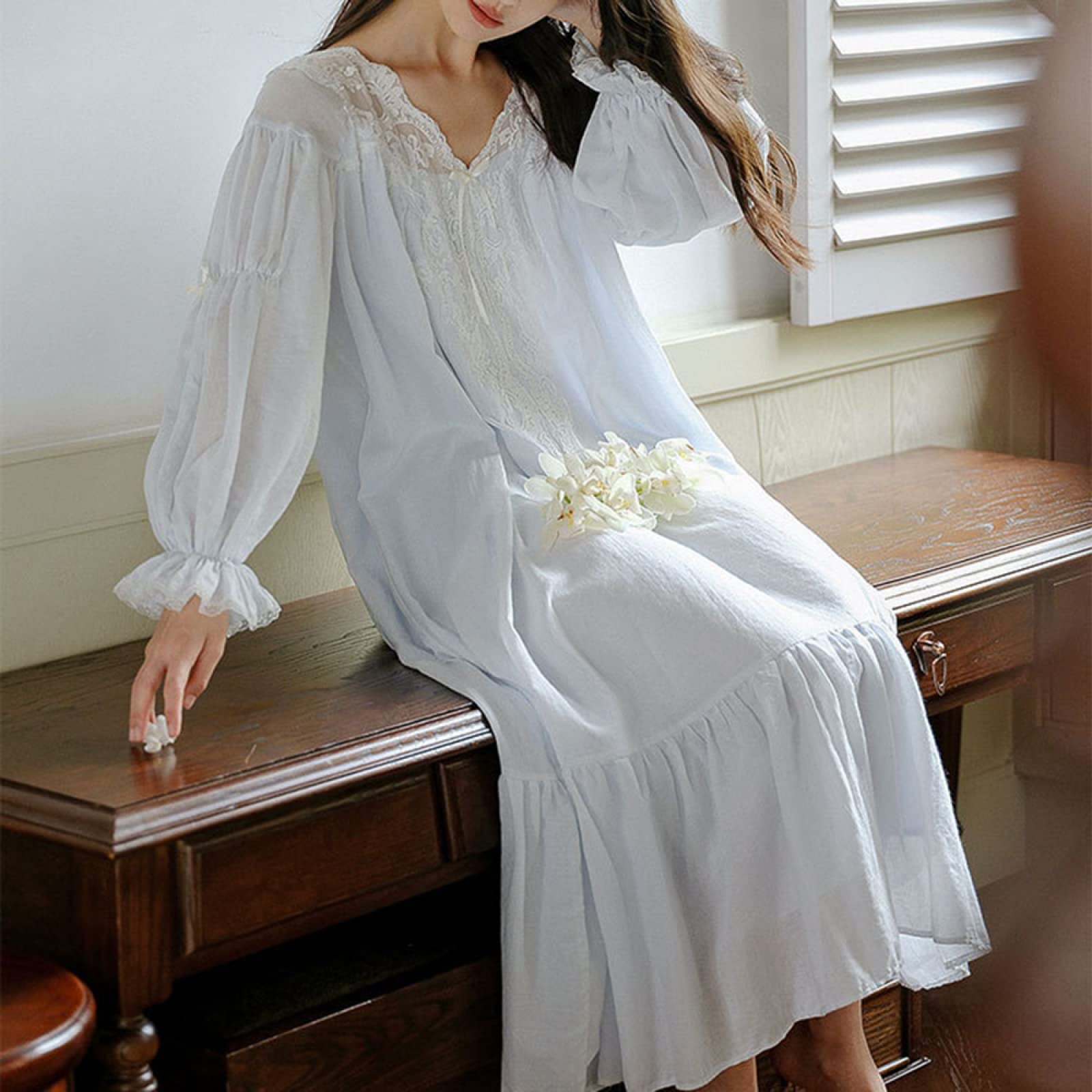 OFFSUM Camisón De Pijama De Mujer - Color Sólido V Cuello Camisón Casual Encaje Elegante Palacio Dulce Camisón Primavera Otoño Loungewear Ropa De Dormir Lencería