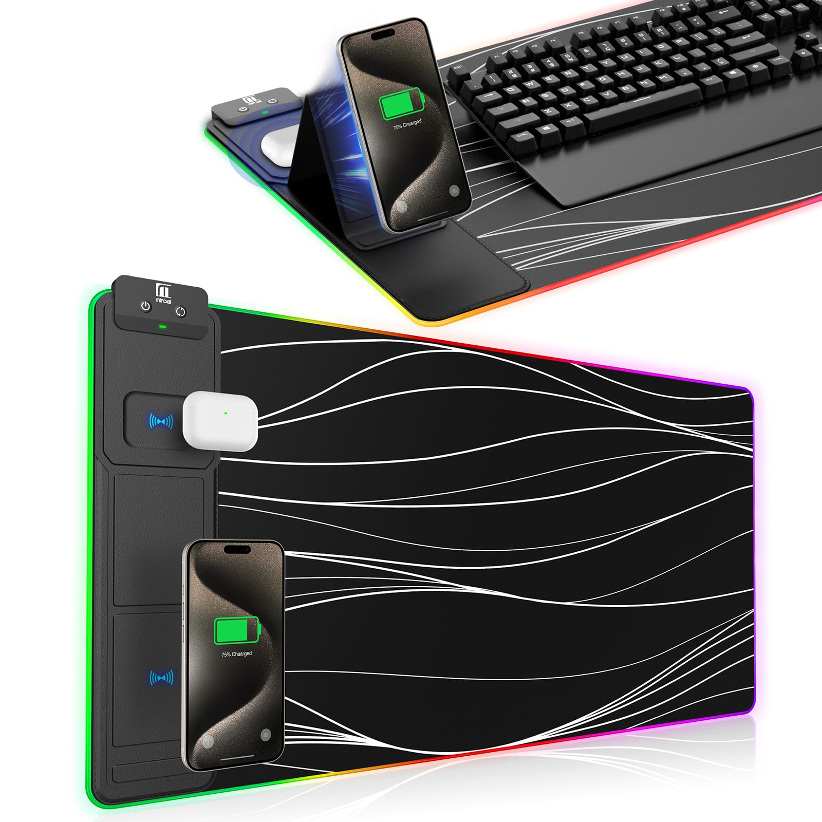 XXL Mouse Pad with Phone Holder, RGB Desk Mat with 15W Fast Charging, LED Large Gaming Mouse Pad with 11 Lights Colors, Long Mouse Pads, Waterproof