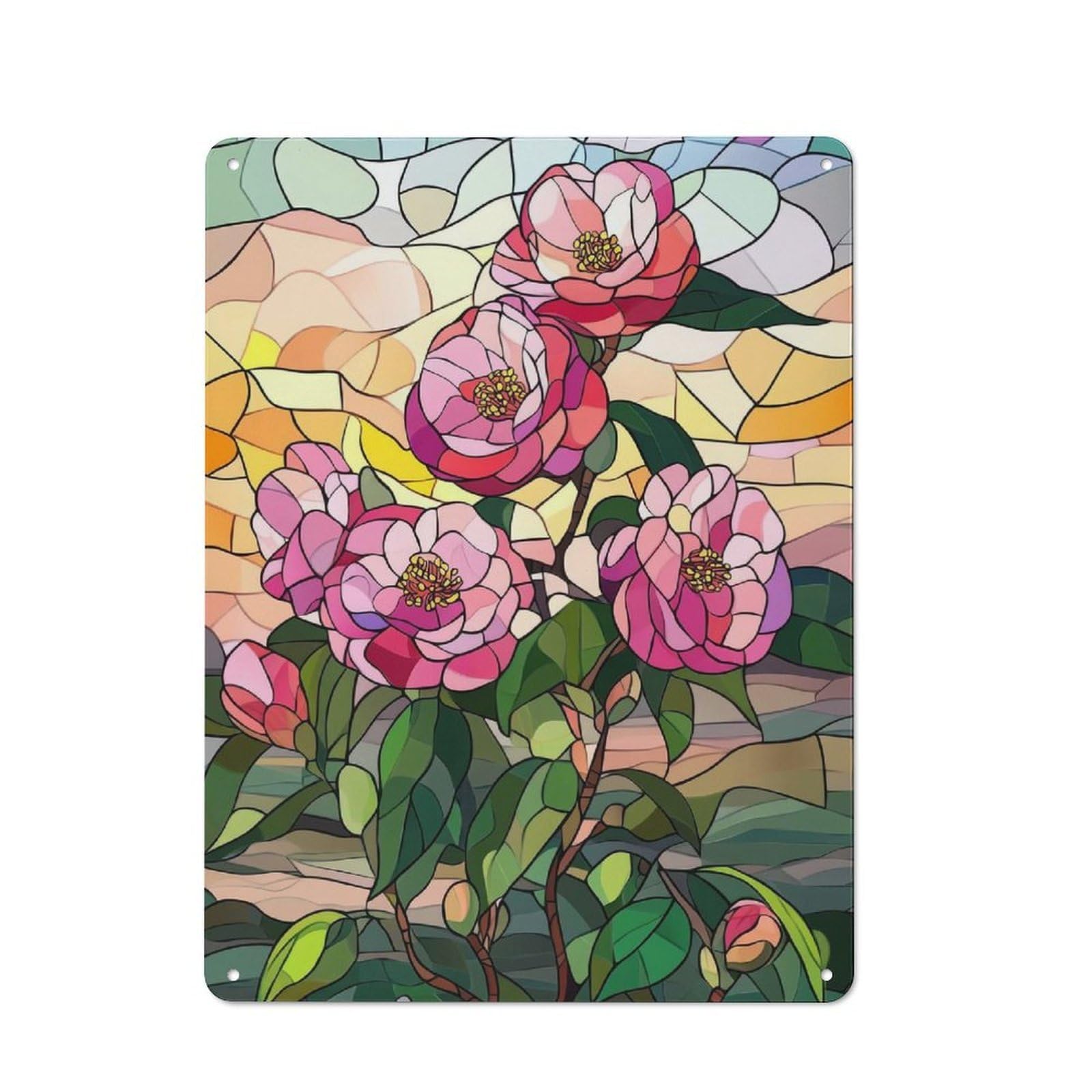 Junmoney Style-7 Workshop Style Stained Glass Camellia Flowers Decorative Metal Plaque 40X30cm, Shed Wall Plaque For Tool Room, Garage, Studio Or Home Bar