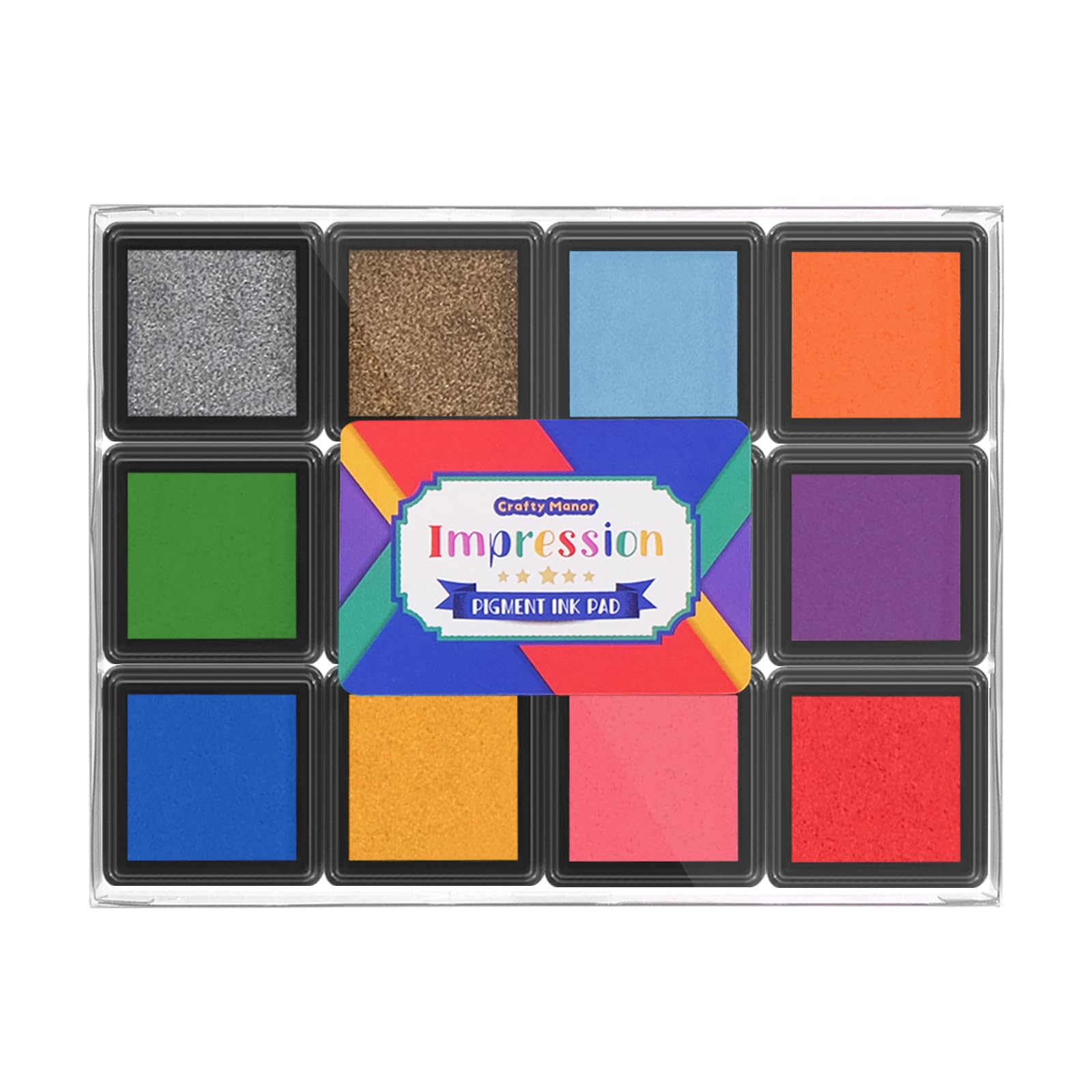 CraftyManor Mini 12 Color Pigment Ink Pads for Stamps, Fingerprint Ink Pad, Stamp Pad for Scrapbook Paper & Stamps for Clothing Stamp & Letter Stamps, Archival
