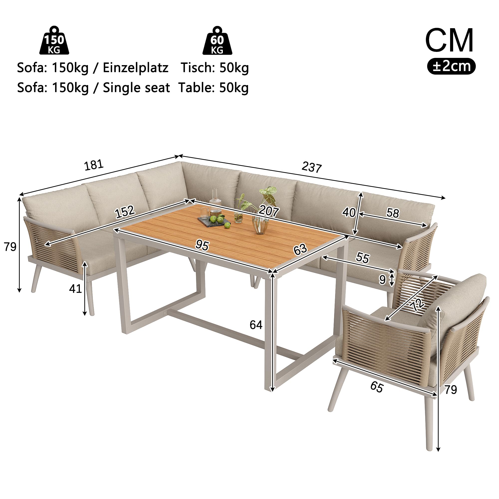 Gartenmöbel Set, L-förmiges Gartenmöbel Lounge, Geeignet für 7 Personen, mit Geflochtenen Armlehnen, Terrassenmöbel Wetterfest Eckgarnitur aus Eisen, Mit Polstern & Kissen, Balkonmöbel, Beige