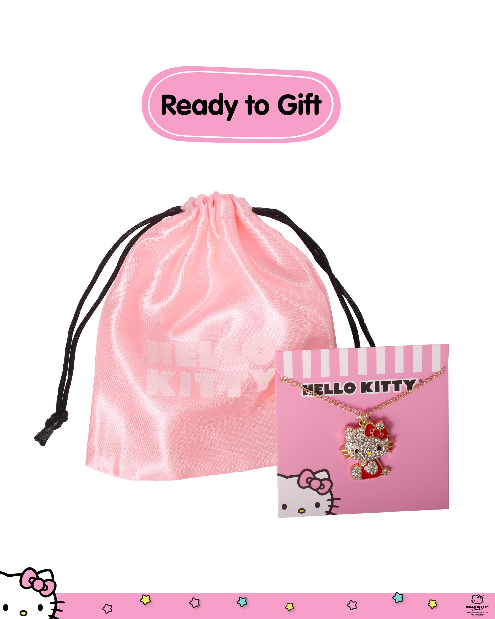 SALLY ROSE Hello Kitty Red Enamel and Pave Crystal Pendant Necklace Official License, Gold-Tone 16+3 Hello Kitty Necklace, Sanrio Gifts