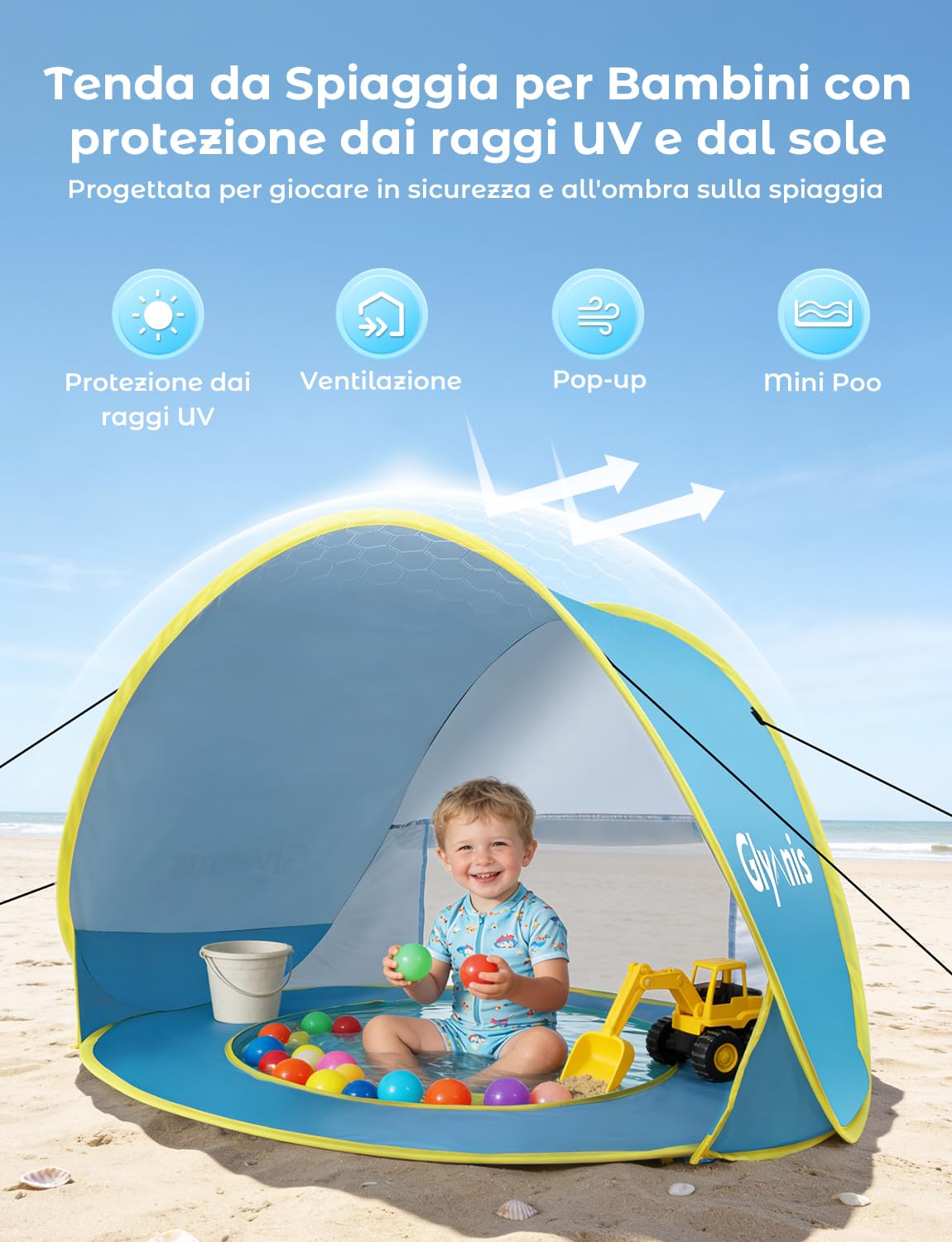 Glymnis Tenda da Spiaggia Bambini Tenda Bambini Pop Up con Mini Piscina Tenda per Neonati Pieghevole Portatile Protezione Solare UPF 50+, Blu