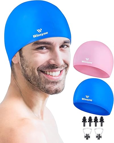 Paquete de 2 gorros de natación de silicona para hombres y mujeres, unisex, para cabello cortolargo para mantener el cabello seco, gorros de baño