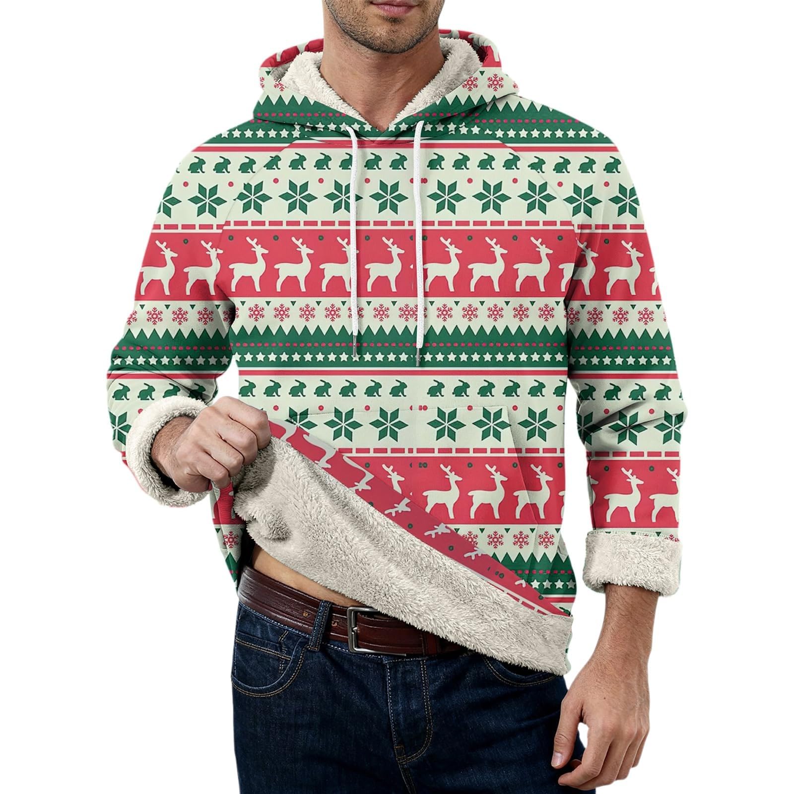 Sudaderas con capucha de Navidad forradas de forro polar para hombre divertido árbol de Navidad reno sudadera tallas grandes vestidos navideños tops de manga larga cálido jersey sherpa novedad traje