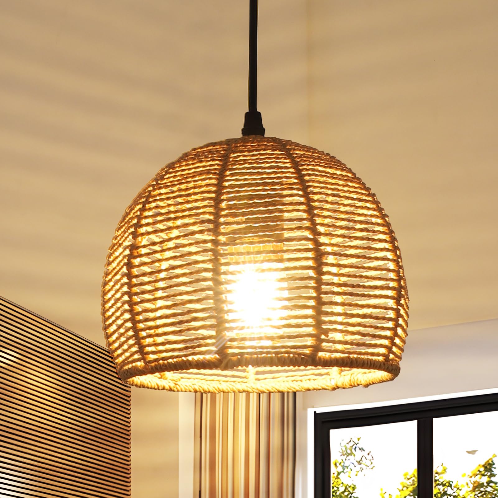 Riserva Plafonnier vintage en rotin E27 pour salon, cuisine, chambre, bar, café