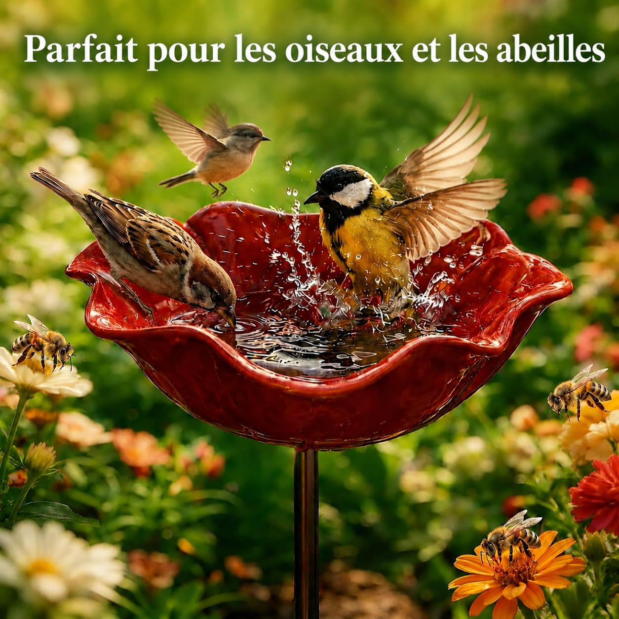 Bain d'oiseaux,Abreuvoir pour Oiseaux d'Extérieur Forme de Fleur,Mangeoire Oiseaux d'Extérieur avec Socle,pour Oiseaux et Abeilles,Piquet métallique,Alimentation et Abri pour Oisea (Rouge,Jaune,Bleu)