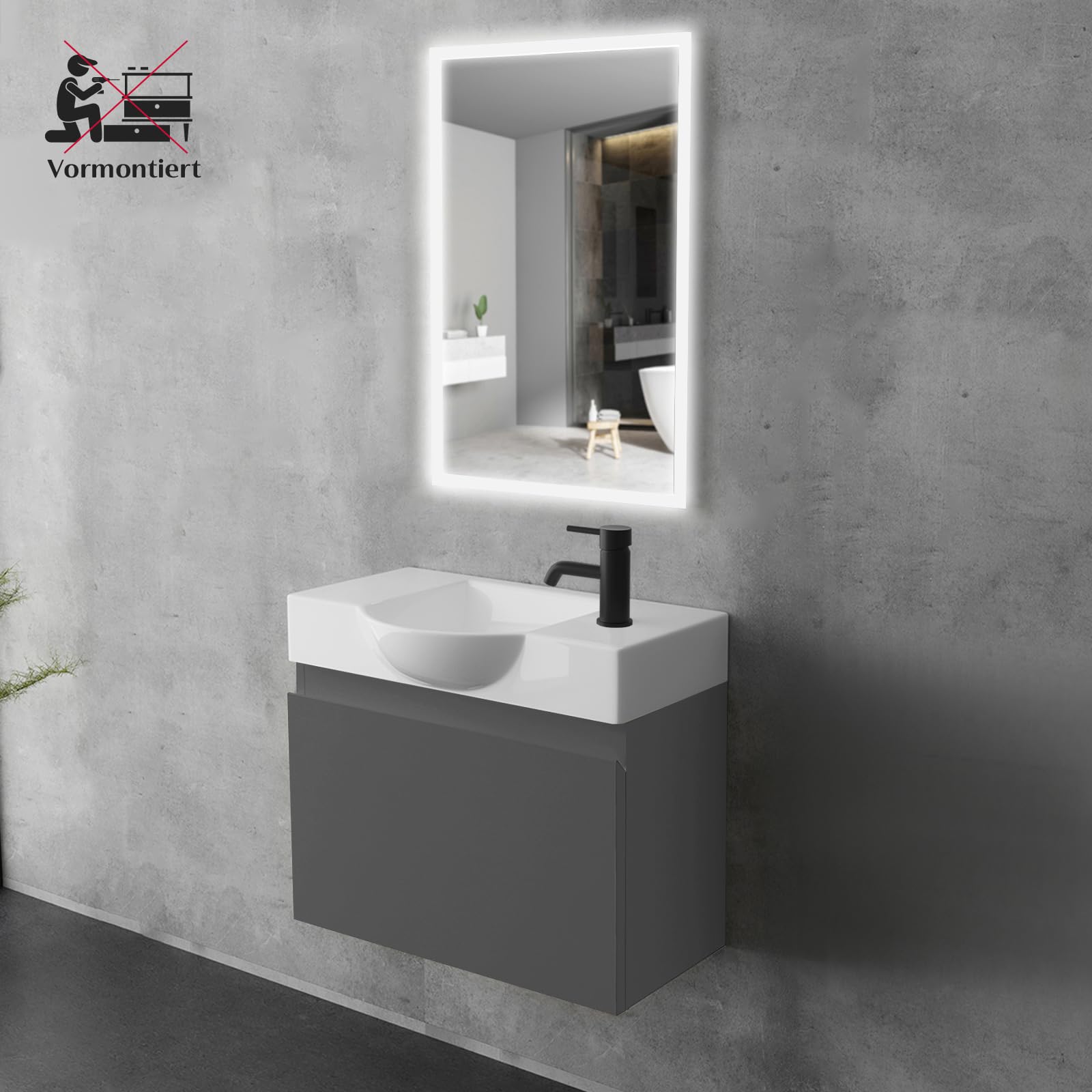 Alpenberger Badmöbel Set mit Waschbecken | Badschrank Hängend | Waschtisch mit Unterschrank | Badezimmerschrank mit Spiegel | Badmöbel für Kleine Bäder + Gäste WC | Waschtischunterschrank Anthrazit