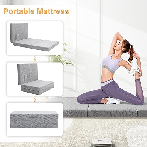 Miniatura 7 de MUUEGM Colchón plegable de tres pliegues, colchón portátil de espuma viscoelástica de 4 pulgadas, cubrecolchón plegable con funda extraíble,