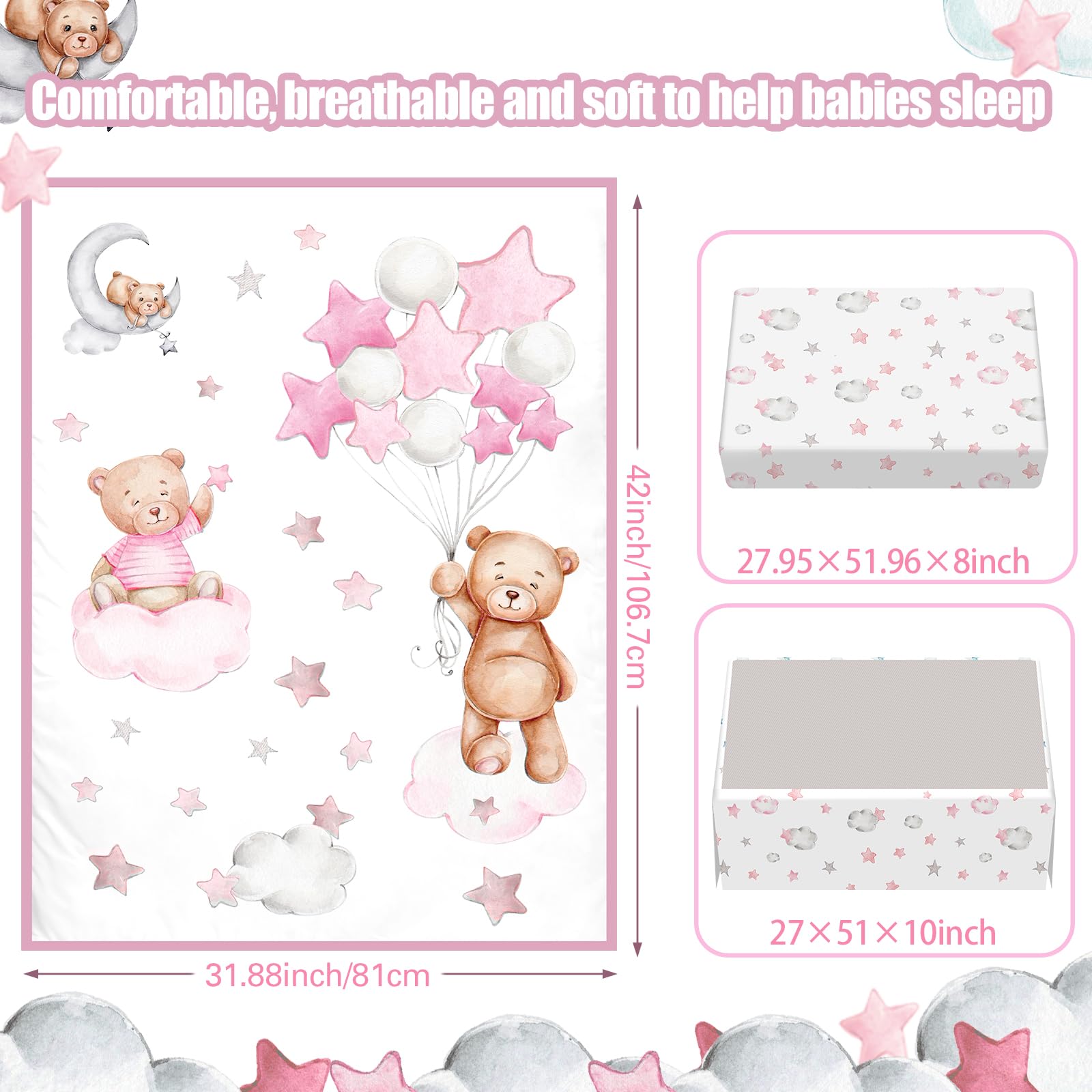 Mixweer Set di biancheria da letto per culla, 5 pezzi, per bambini, include lenzuola per culla, gonna per culla, piumone, copripiumino, adesivi da parete per ragazzi o ragazze, set di biancheria da