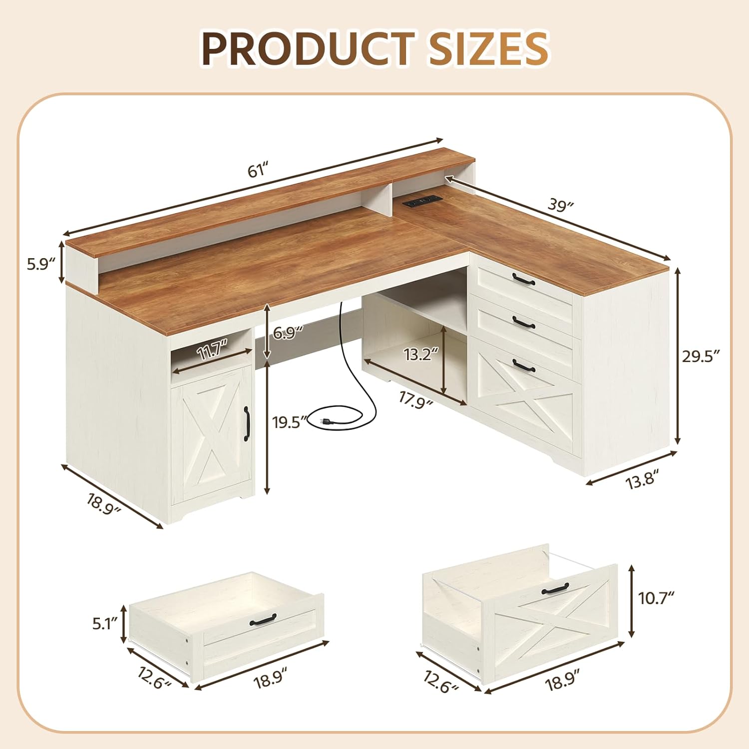 YOMILUVE Farmhouse L Shaped Desk with Drawers, 61" Home Office Desk with Storage Cabinet and Power Outlet, L Shaped Computer Desk with Storage Shelves and Monitor Stand, Brown and White