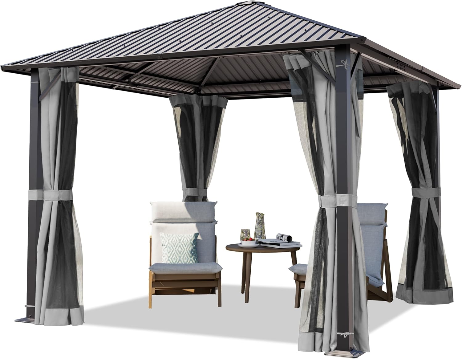 TOOLPORT Gartenpavillon 3x3 m mit Stahldach - Hardtop Pavillon mit 4 Seitenteilen und Moskitonetzen in Grau