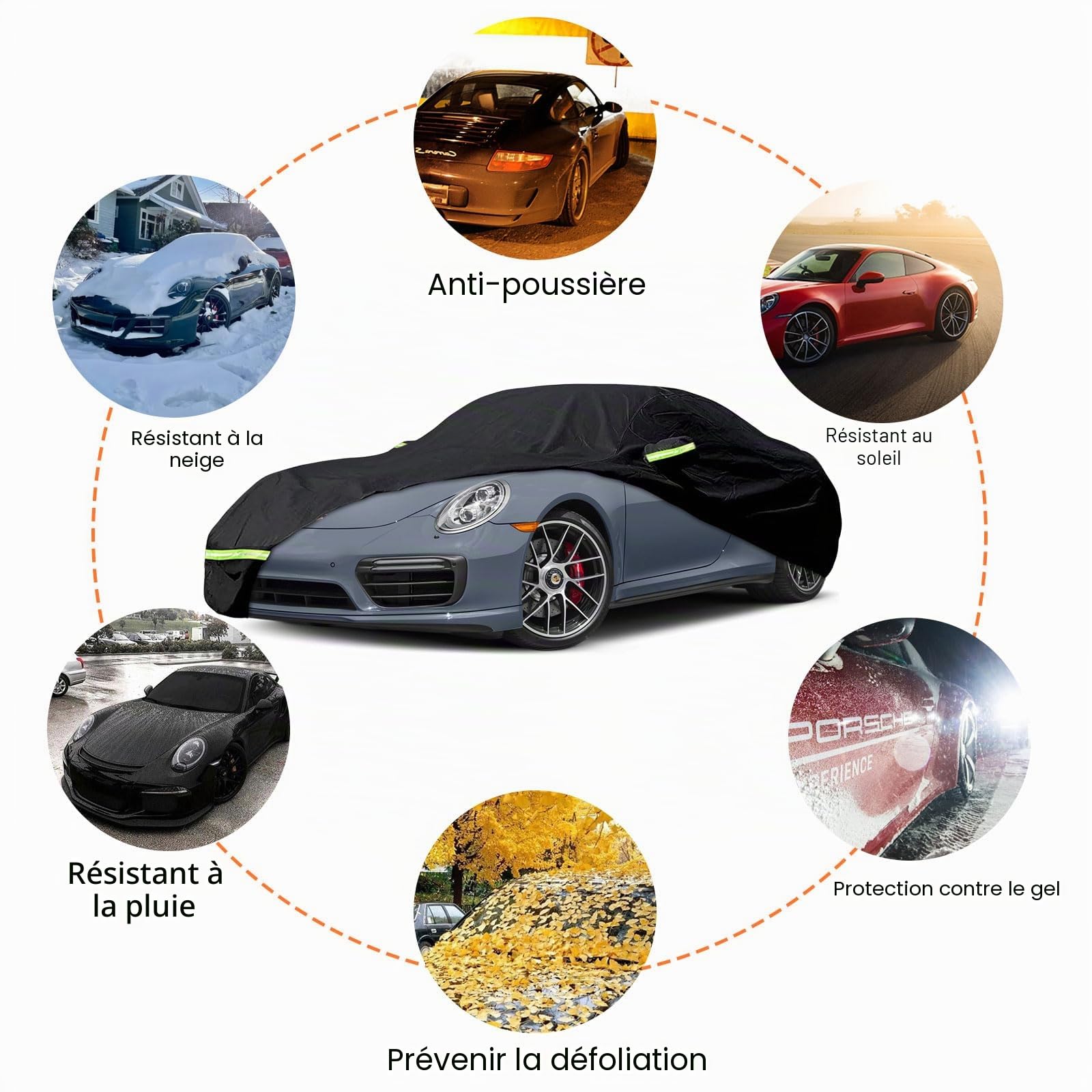 Bâche Voiture Extérieur Respirante Compatible avec Porsche 911(991/992/996/997 Serie) 1998-2024, 6 couches Housse de voiture imperméable, Toutes saisons, Avec fermeture éclair et bandes coupe-vent