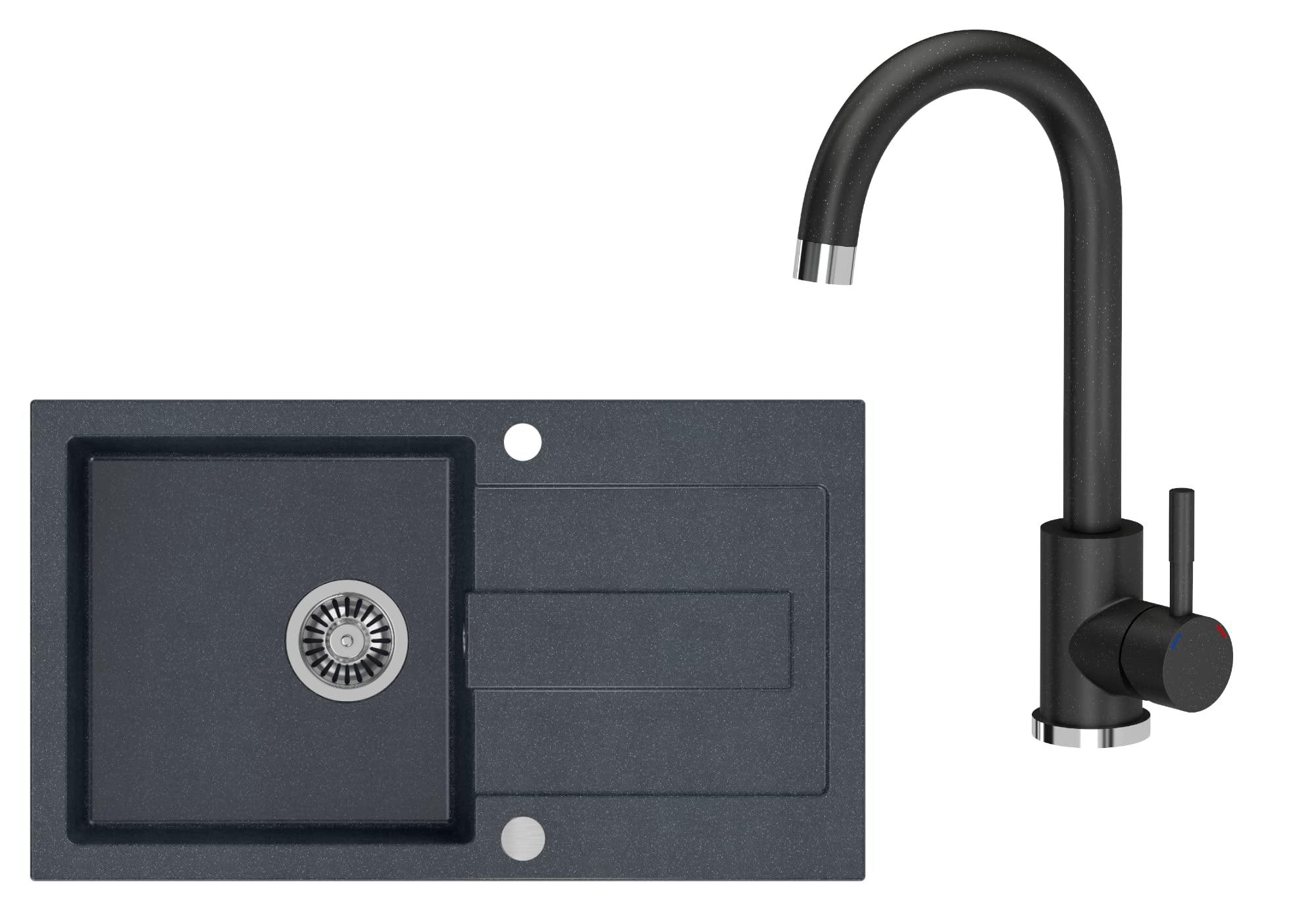 VBChome Fregadero negro con grifo, 78 x 45 cm, granito, fregadero empotrado con tapa, reversible y sifón, lavabo
