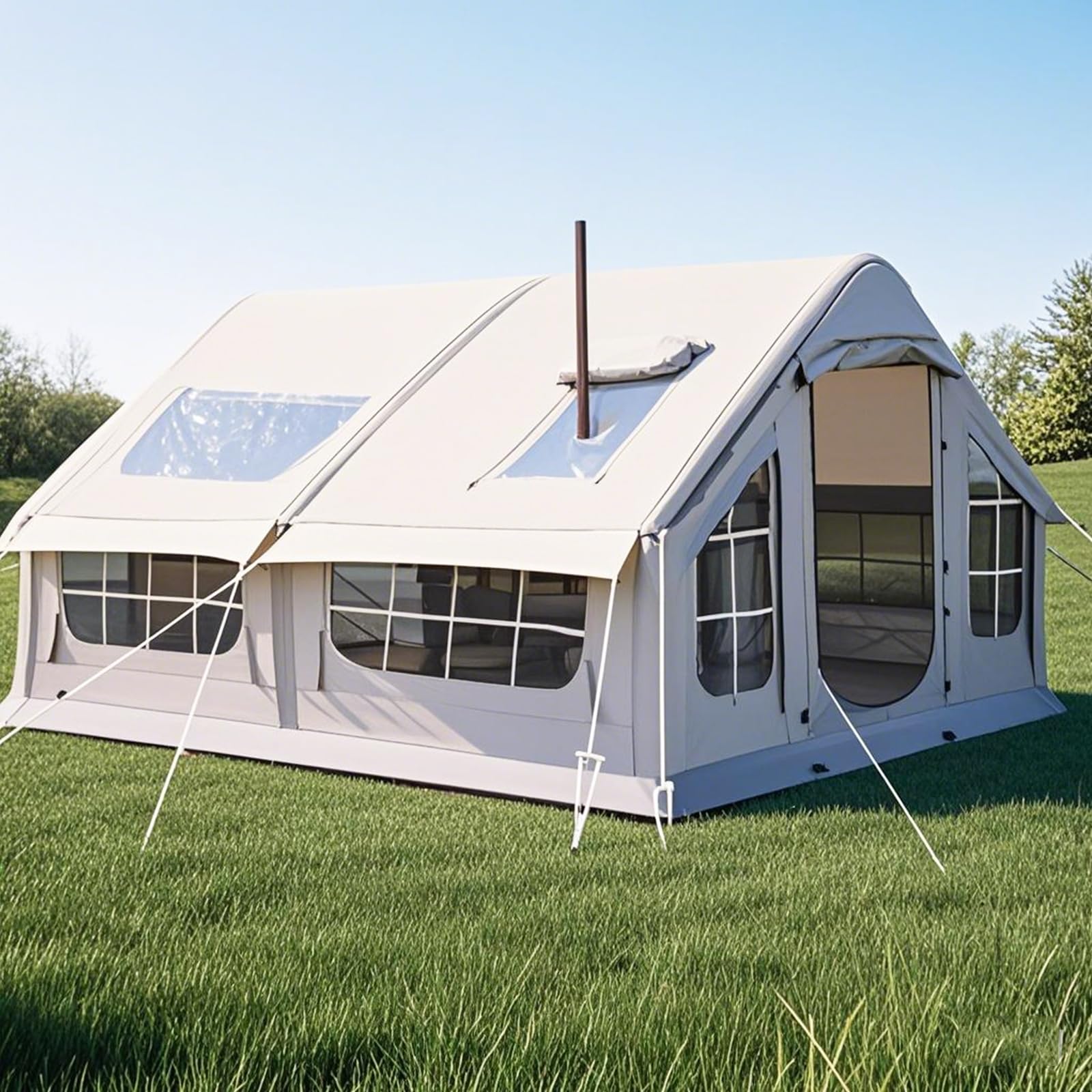 Tenda da campeggio gonfiabile per 4-8 persone con cric per stufa, impermeabile, 4 stagioni, facile installazione, 6 finestre a rete e 1 porta, tenda gonfiabile per famiglie