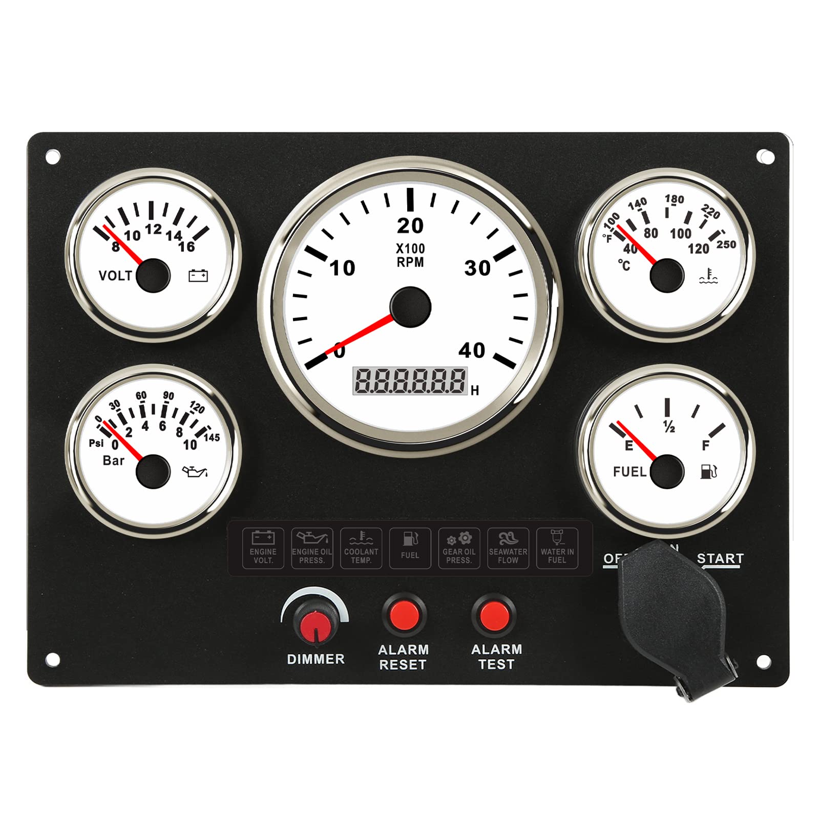 Comprehensive Marine Instrument Panel with 5 Gauge Set Tachometer Fuel Temperature Oil Pressure Voltmeter for Boats and Yachts