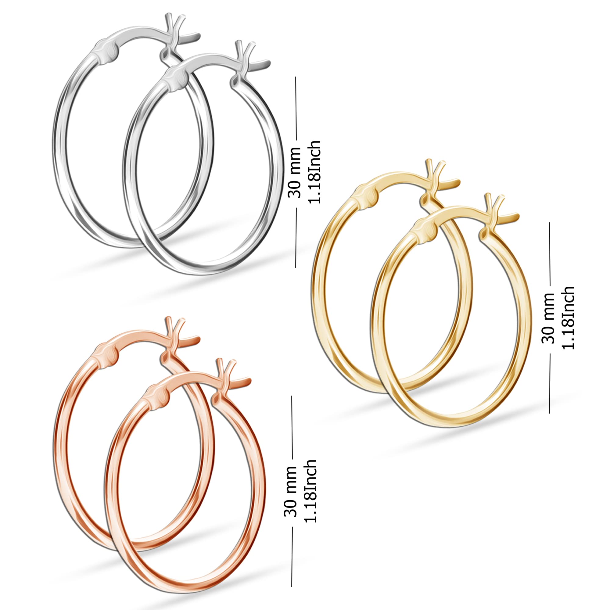 LeCalla Pendiente del aro Italiano clásico Plata esterlina 3 MM Tubo para Mujeres