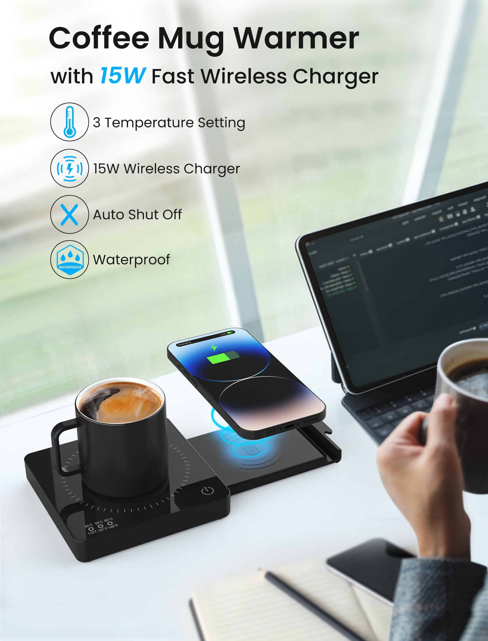 Calentador de tazas de café con cargador inalámbrico de 15 W, apagado automático y carga USB-A, calentador de tazas 3 en 1, calentador de velas, soporte para teléfono, 3 ajustes de temperatura,