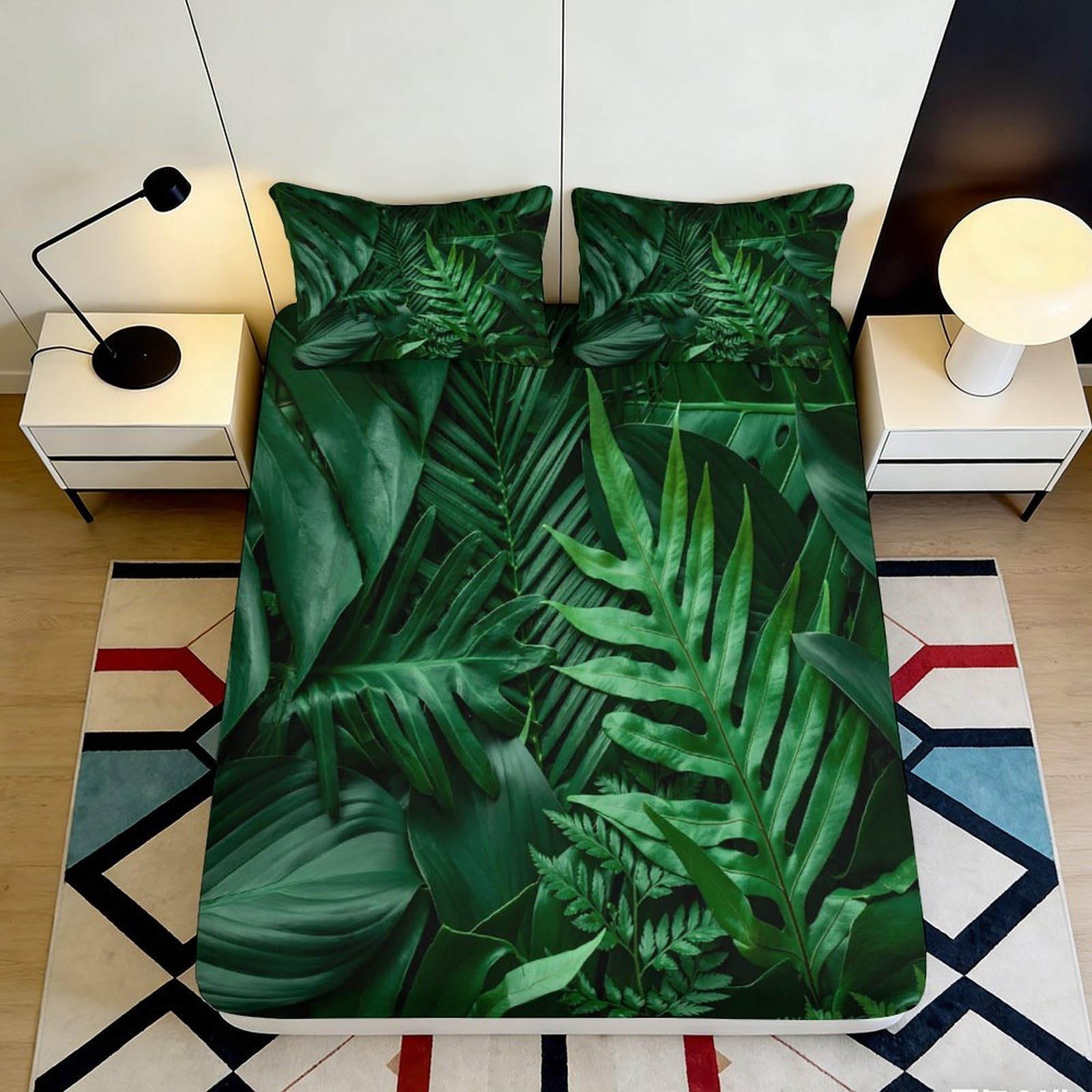 3D Printed Tropical Jungle Leaves Fitted Sheet Microfiber Soft Green Botanical Mattress Cover Bedroom Decor 90x200x25cm
