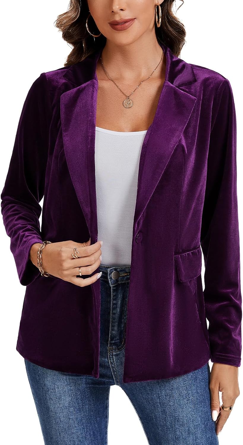 Women's Velvet Suit Blazer Jacket Casual Office Work Long Sleeve One Button Jacket Coat Blazer Pockets - Image 5