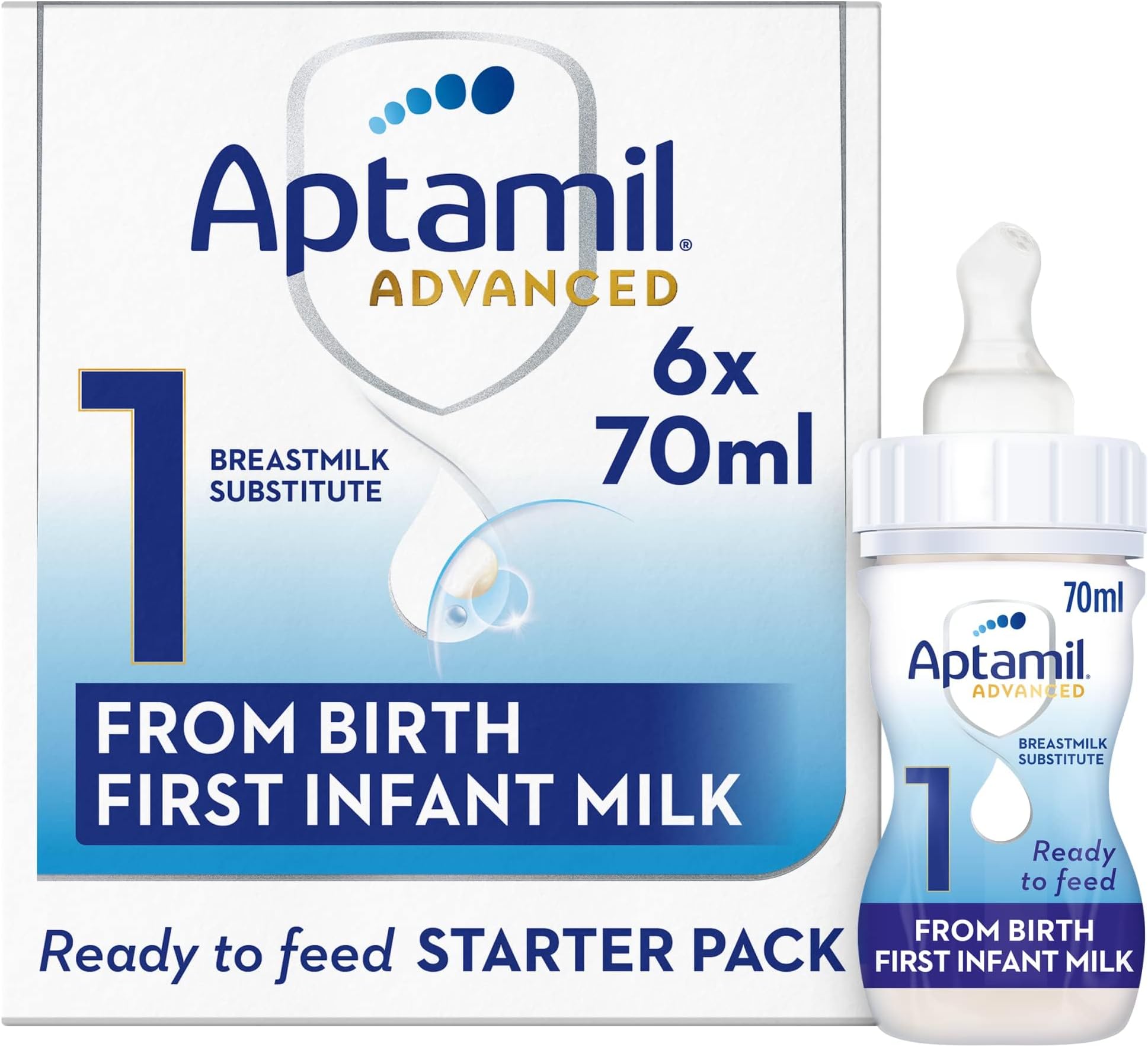 AptamilAdvanced 1 First Baby Milk Formula Starter Pack Ready to Use Liquid, from Birth, 6x70 ml