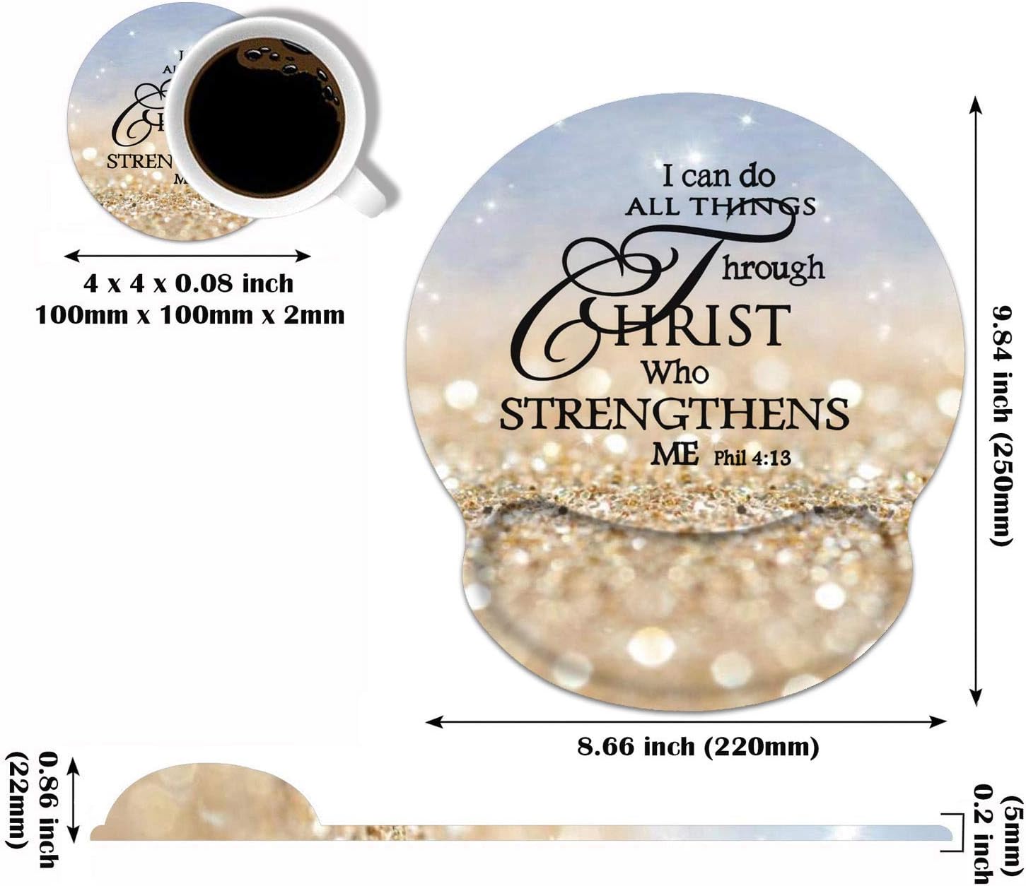 Ergonomic Mouse Pad Wrist Support and Coasters Set, Cute Wrist Rest Pad with Non-Slip PU Base for Home Office Working Studying Easy Typing & Pain Relief, Rainbow Glitter Bible Verse Phil 4-13 image 2