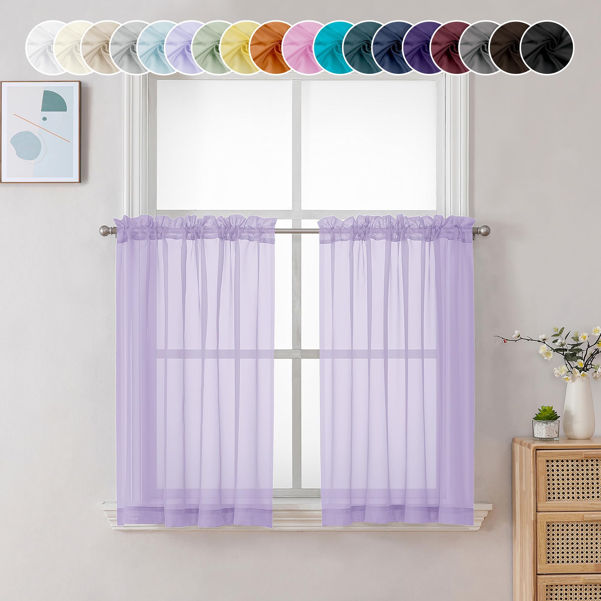 Chyhomenyc Sheer Lilac Tier Curtains 24 Inch Length, Small Window Treatment for Bathroom Living Room Basement, Short Rod Pocket Cafe Panels, 42W x 24L Inches, 2 Panels