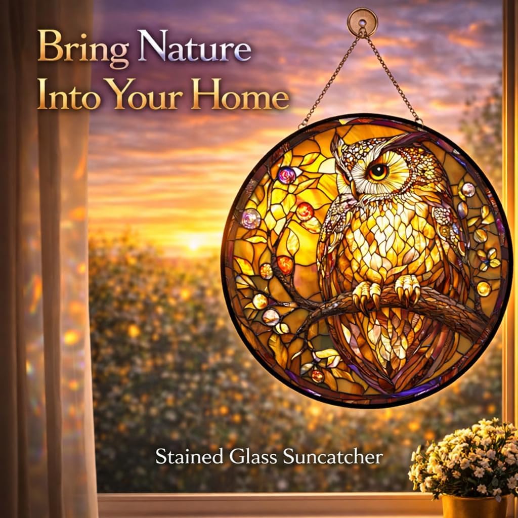 Owl Stained Glass Suncatcher Window Hanging – Vintage Style Owl Sun Catcher with Chain, Colorful Light Reflection Glass Decor for Window, Gift for Bird Lovers Home Decor (14.9x14.9 inch)