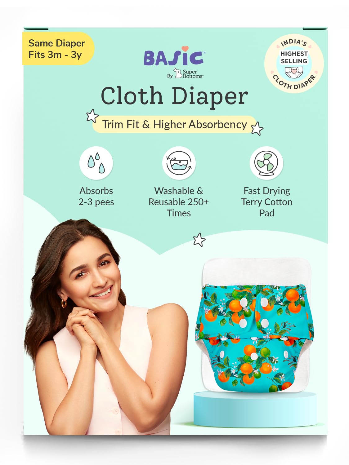 SuperBottoms BASIC Reusable Cloth Diaper with Quick Dry UltraThin pads | 100% cloth Freesize, washable Diapers for baby 0-3 Yrs |Stay Dry & Lasts up to 3Hrs | Trim Fitting | Peaches-image-5