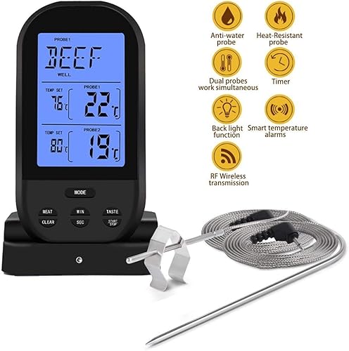 Miniatura 2 de Jayron - Termómetro digital inalámbrico para carne, temporizador de cocina con doble sonda, termómetro de cocina para ahumador de carne, parrilla,