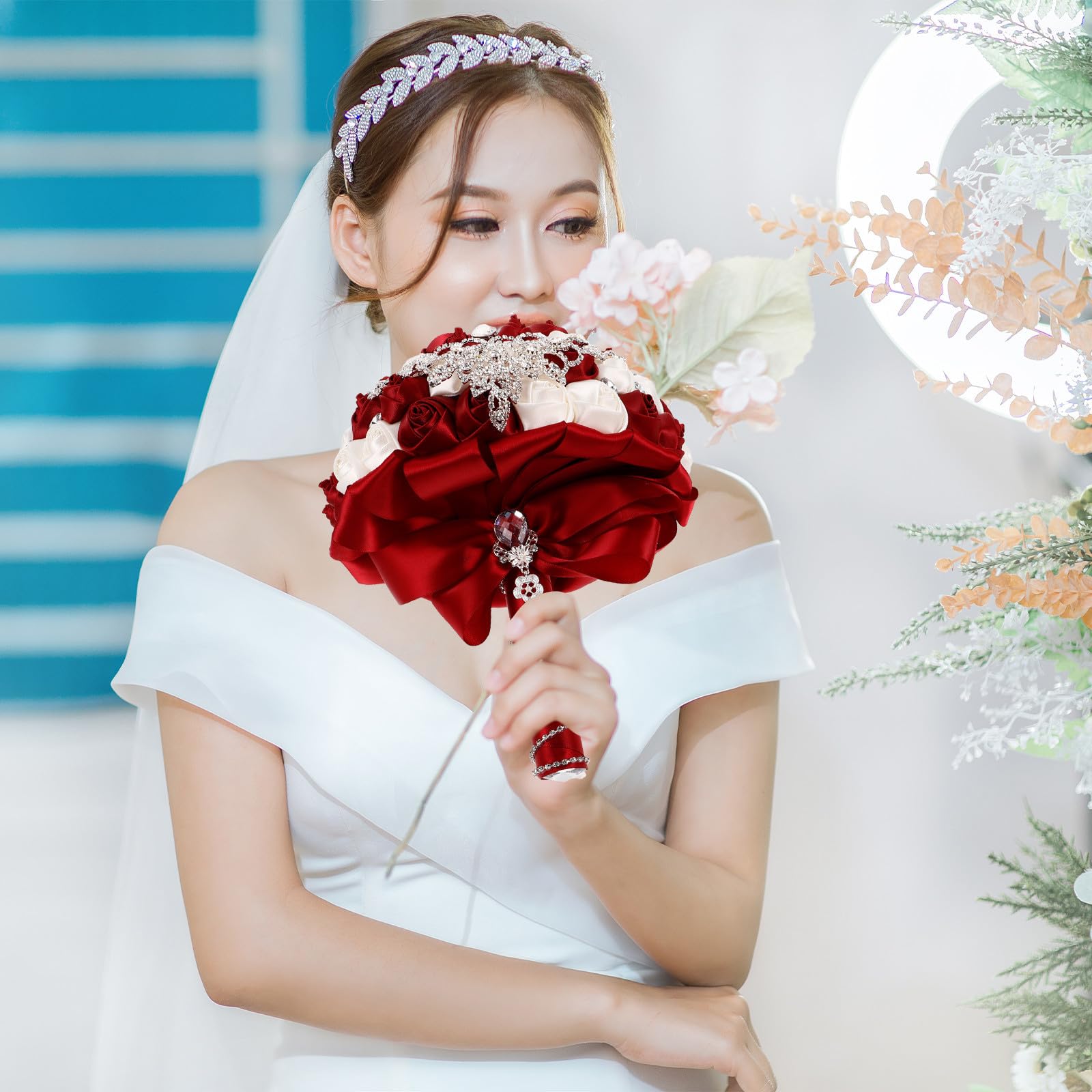 Zerodeko Bouquet da Sposa Artificiale Rose, Nastro e Strass per Cerimonia