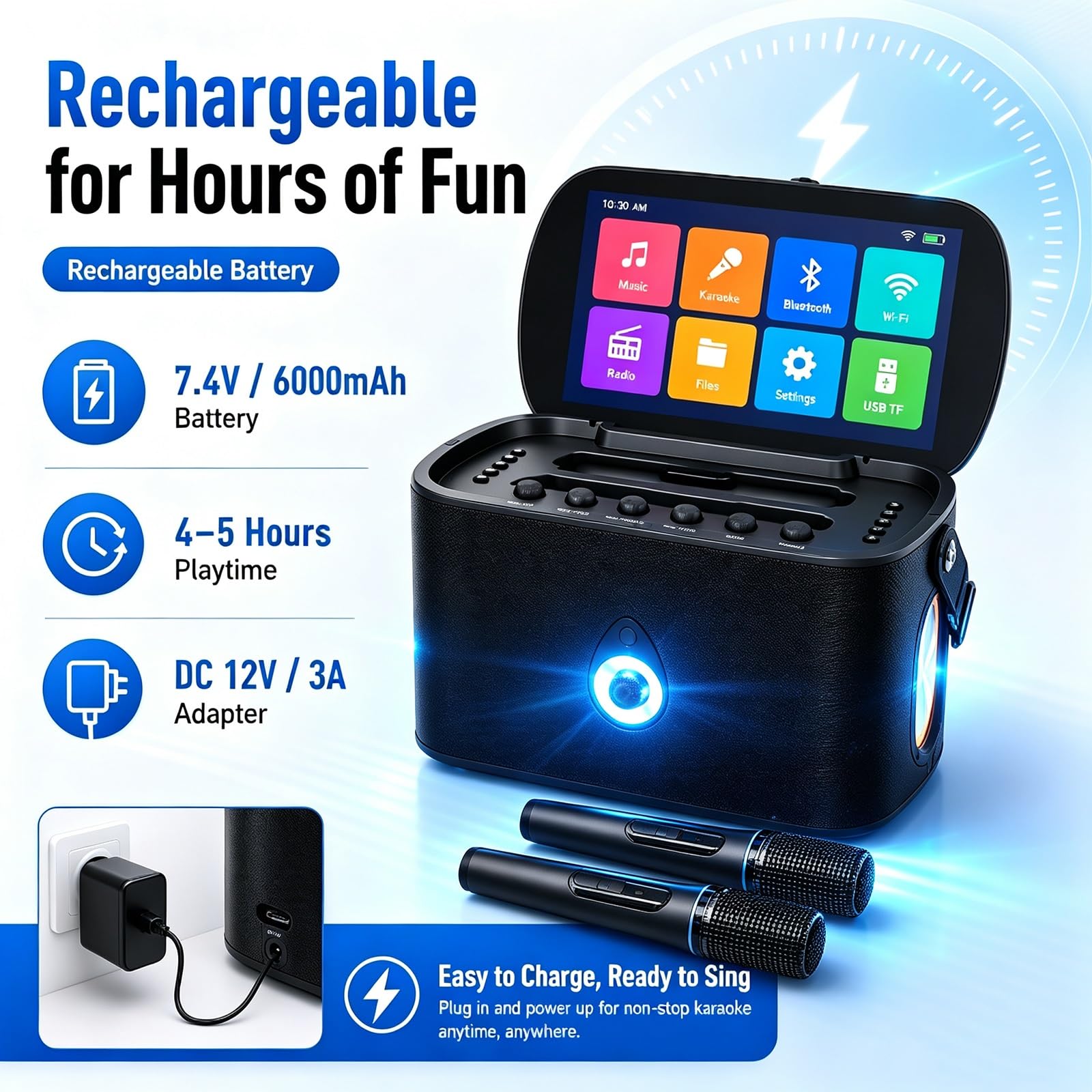 Máquina de Karaoke for Adultos, Máquinas de Karaokes Portátiles | 2 micrófonos inalámbricos de carga automática, aplicación de Karaoke, altavoz de 30 W, se conecta a la TV for fiestas en casa