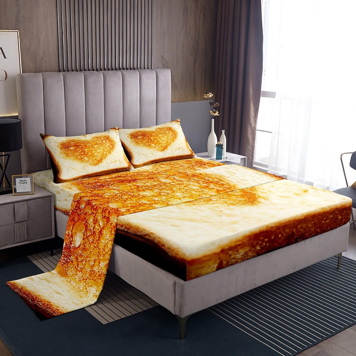 Erosebridal Cute Toast Bread Bed Sheets Full for Kids Adults,Love Heart Kawaii Sheet Set Girls Room Decor,Funny Food Fitted Sheet Birthday Valentines