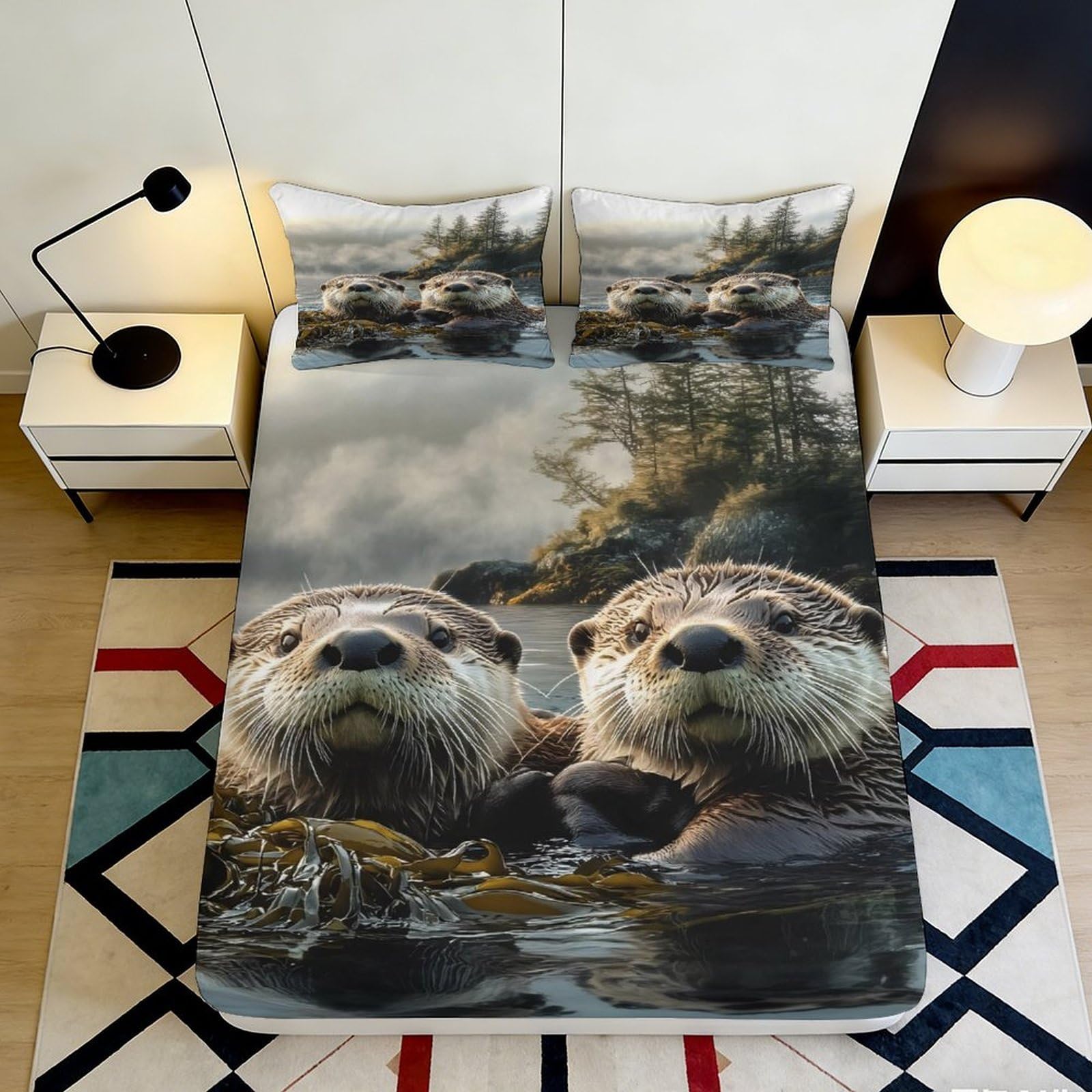 3D Printed Otter Animal Fitted Sheet Microfiber Soft Breathable River Wildlife Bed Cover for Bedroom Dormitory Guest Room Mattress Protection Decor 90x200x25cm