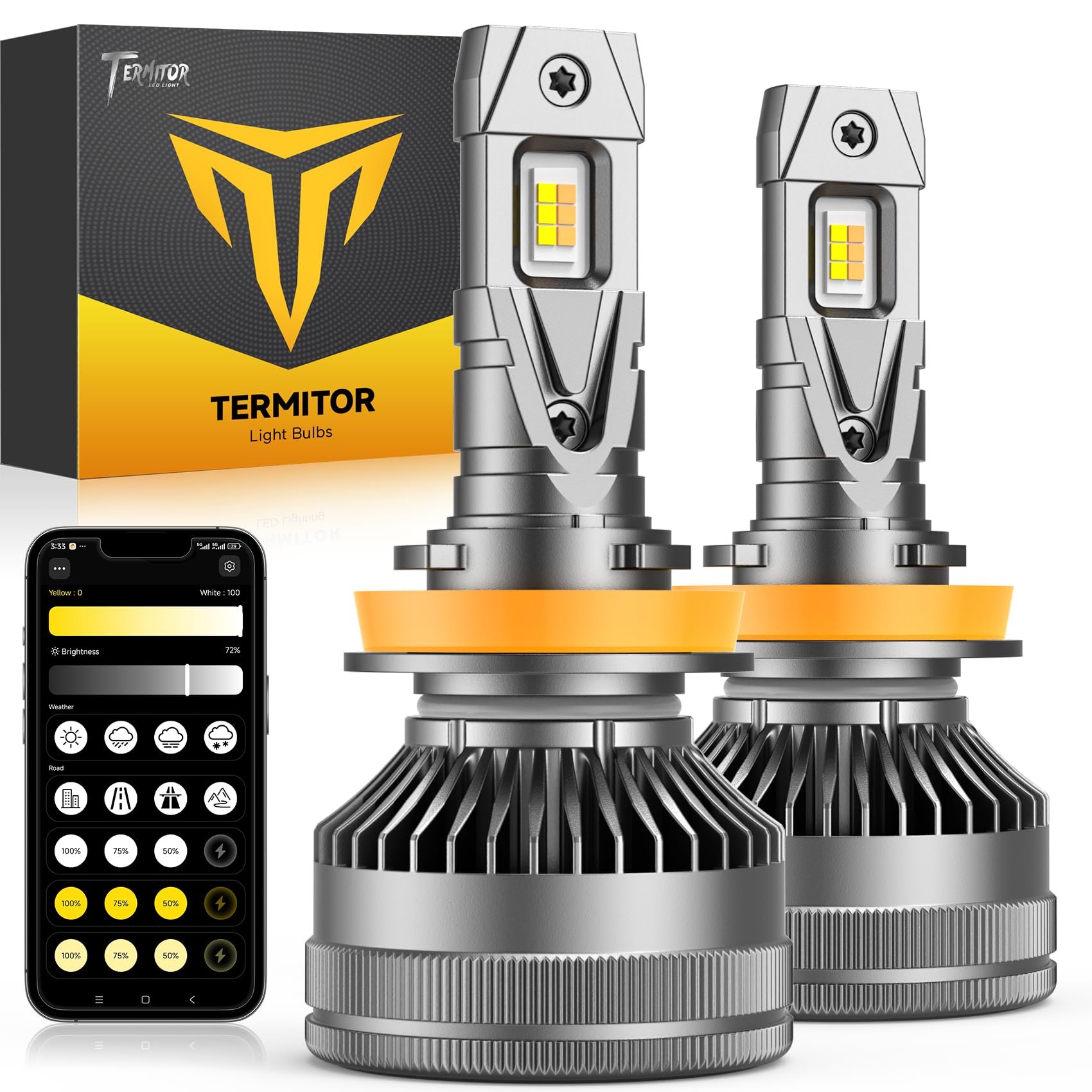 Termitor H11/H9/H8 Smart Light Bulb, Up 20X 0-166,000LM Variable Brightness | 3000K to 6500K App Control Color, One-touch Driving Mode Switching, 360° Adjustable Quick Install, Pack of 2