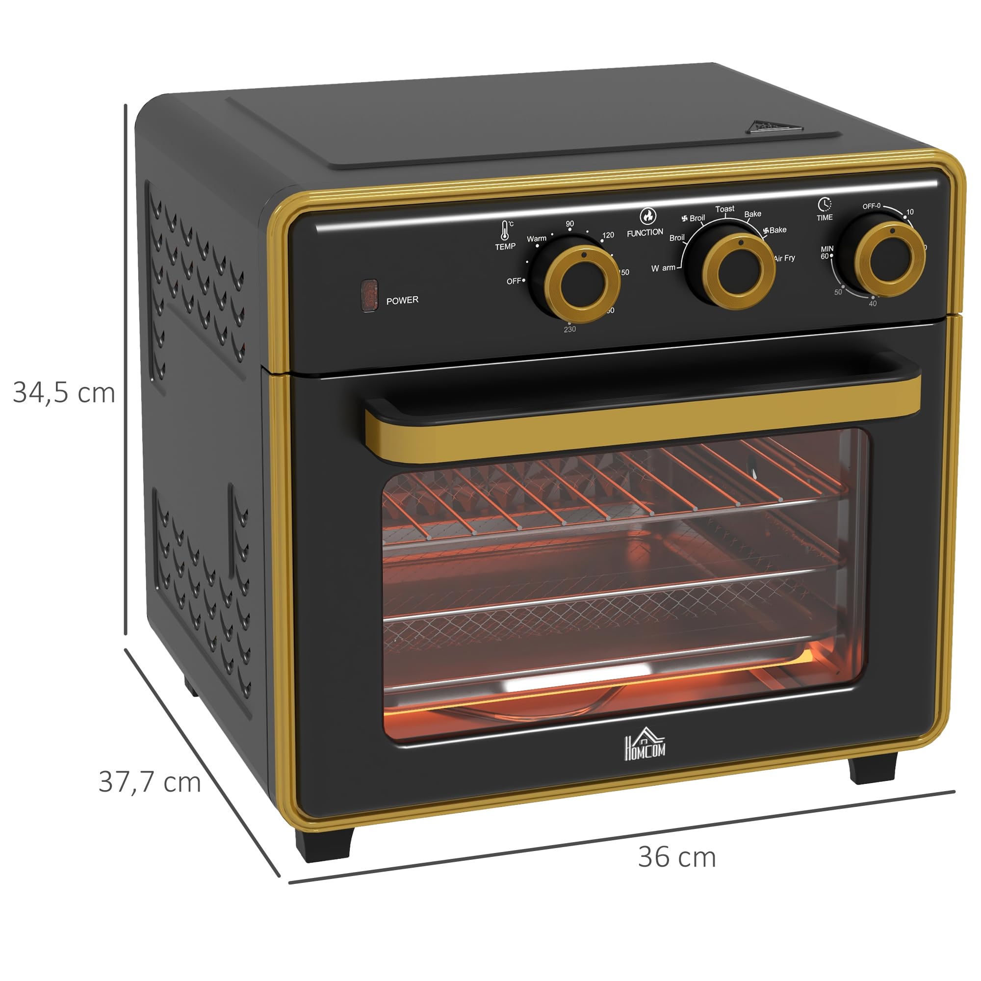 HOMCOM Minibackofen mit Umluft 20L Mini Ofen mit Backblech, Grillrost und Krümelblech, 90 °C-230 °C Heißluftfritteuse mit 5 Modi, Frittierkorb, 60 Min. Timer, 1400W, Metall
