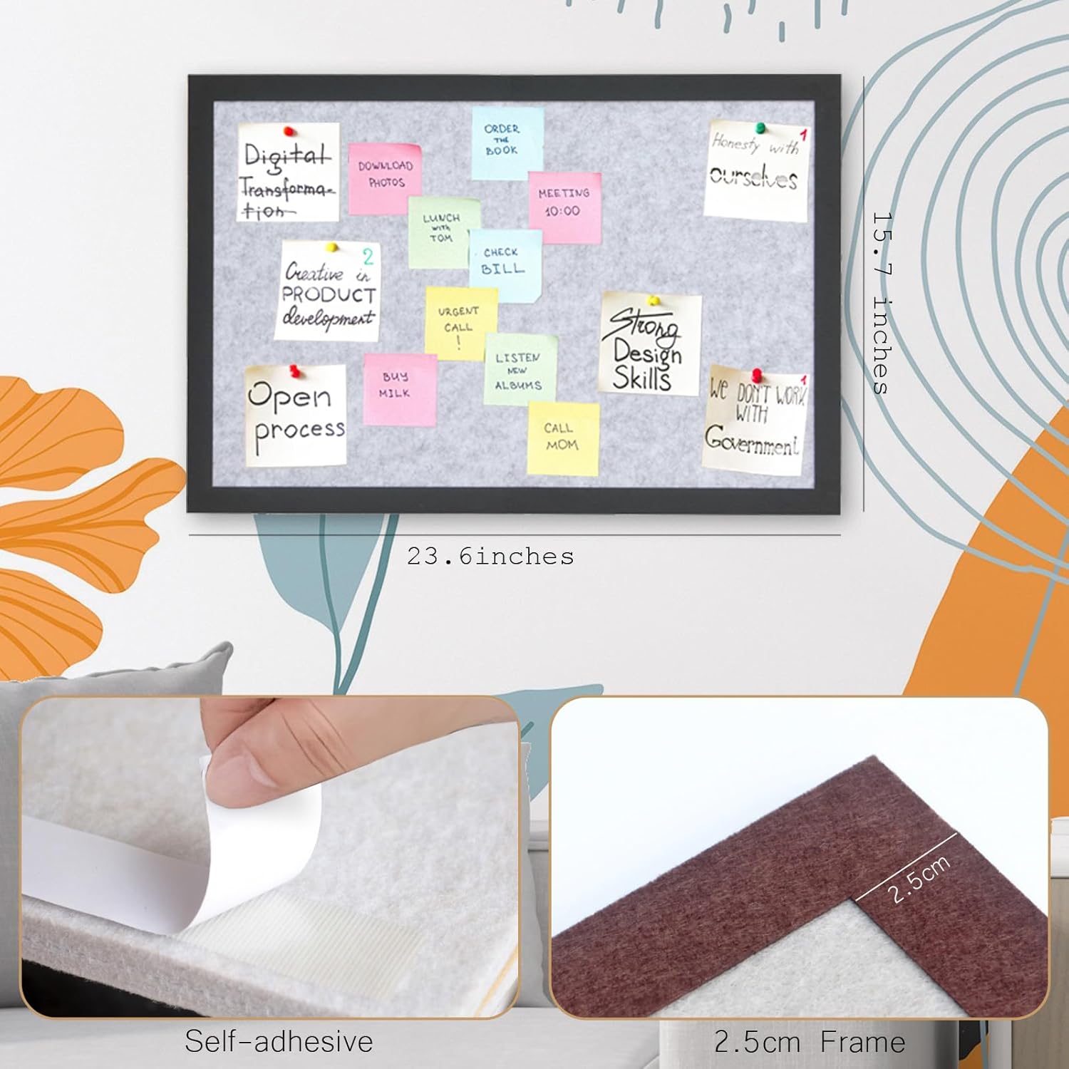 Bulletin Board Felt Board Decorative Display Photo Pin Vision Board Foldable Self-Adhesive Framed Felt Board for Home Office School Walls 15.7 * 23.6 inches(Gray)