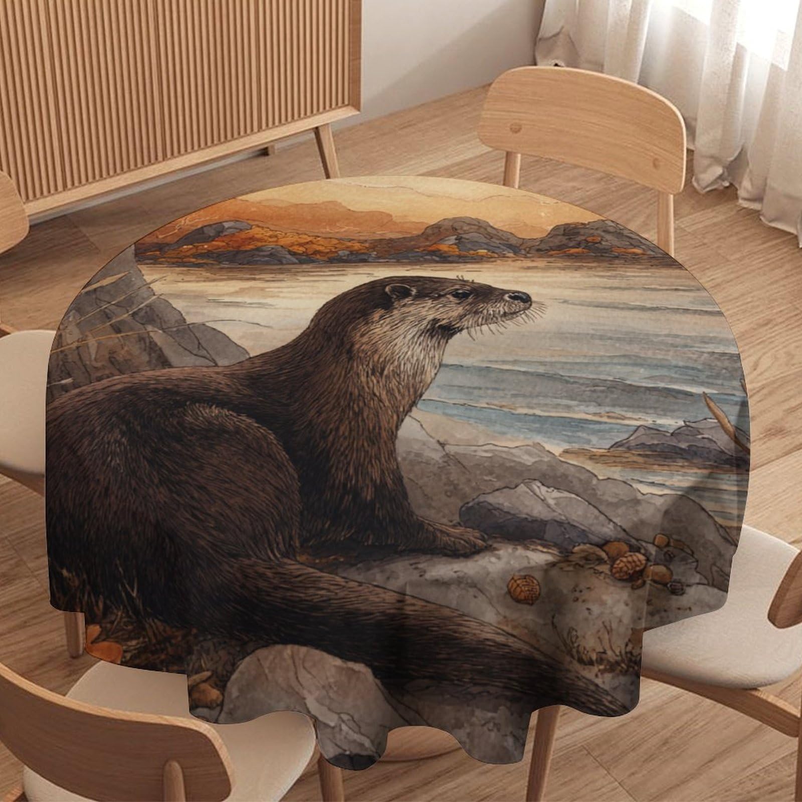 LUYYSKY Cute Watercolor Otters Round Tablecloth Rustic Natural Autumn Lanscape Maple Leaves Animals Otters Print Washable Decor for Table Cover for Kitchen-36 Wx36 L