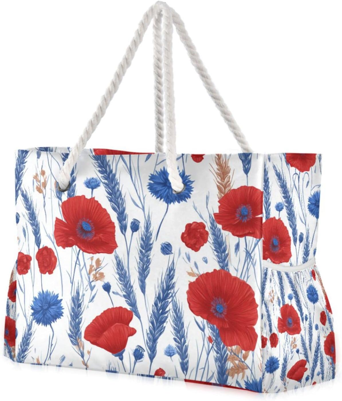 OTVEE Red Poppies and Blue Cornflowers Beach Bags for Women Ladies Large Canvas Tote Shoulder Bag Waterproof Travel Bags for Gym Swim Pool Camping