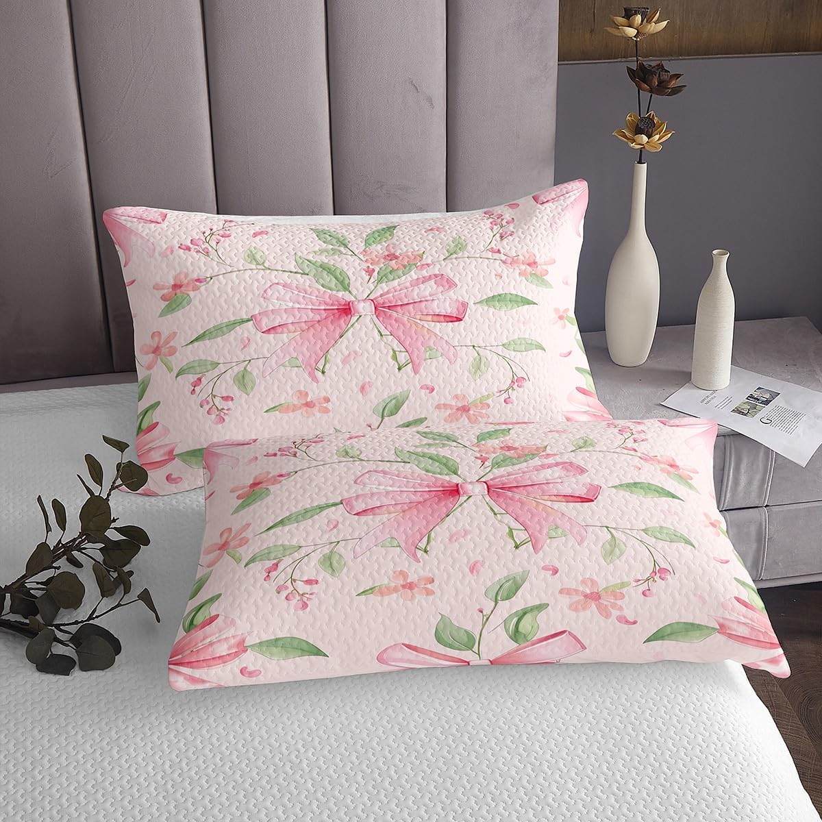 Erosebridal Ribbon Bow Quilt Set Queen Size for Kids Teens Adults,Princess Bowknot Coverlet Set,Botanical Floral Leaves Bed Cover,Fantasy Bows Tie Bedspread Set