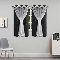 Vista 12 de Lindas cortinas opacas para dormitorio de niñas, diseño estético negro con doble capa con superposición transparente, 45 pulgadas de largo, 2