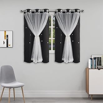 Cute Blackout Curtains for Girls Bedroom - Black Aesthetic Star Cutout Double Layer with Sheer Overlay, 54 Inch Length 2 Panels Teens Kids Room Curtain Nursery Decor Short Drapes