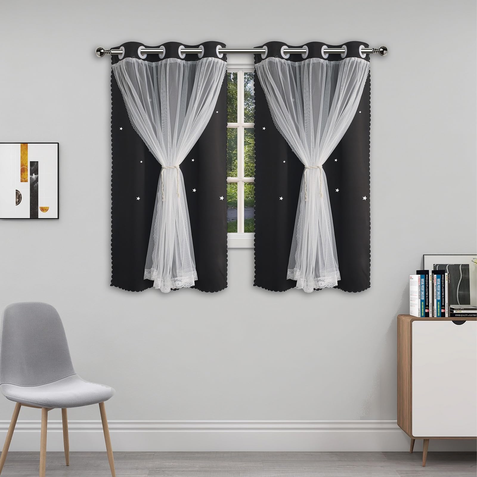 Cute Blackout Curtains for Girls Bedroom - Black Aesthetic Star Cutout Double Layer with Sheer Overlay, 54 Inch Length 2 Panels Teens Kids Room Curtain Nursery Decor Short Drapes