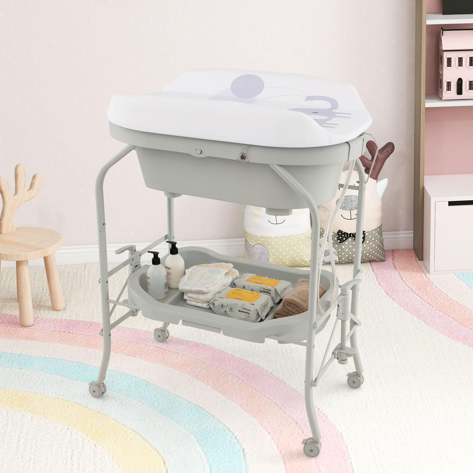 COSTWAY Bañera Bebe con Cambiador 4 en 1, Bañera Cambiador Bebe con Bandeja y 4 Ruedas Bloqueables, Cambiador Bebe Portátil y Plegable con Cesta de Almacenaje, Cojín Impermeable,Carga 35kg(Gris Claro)