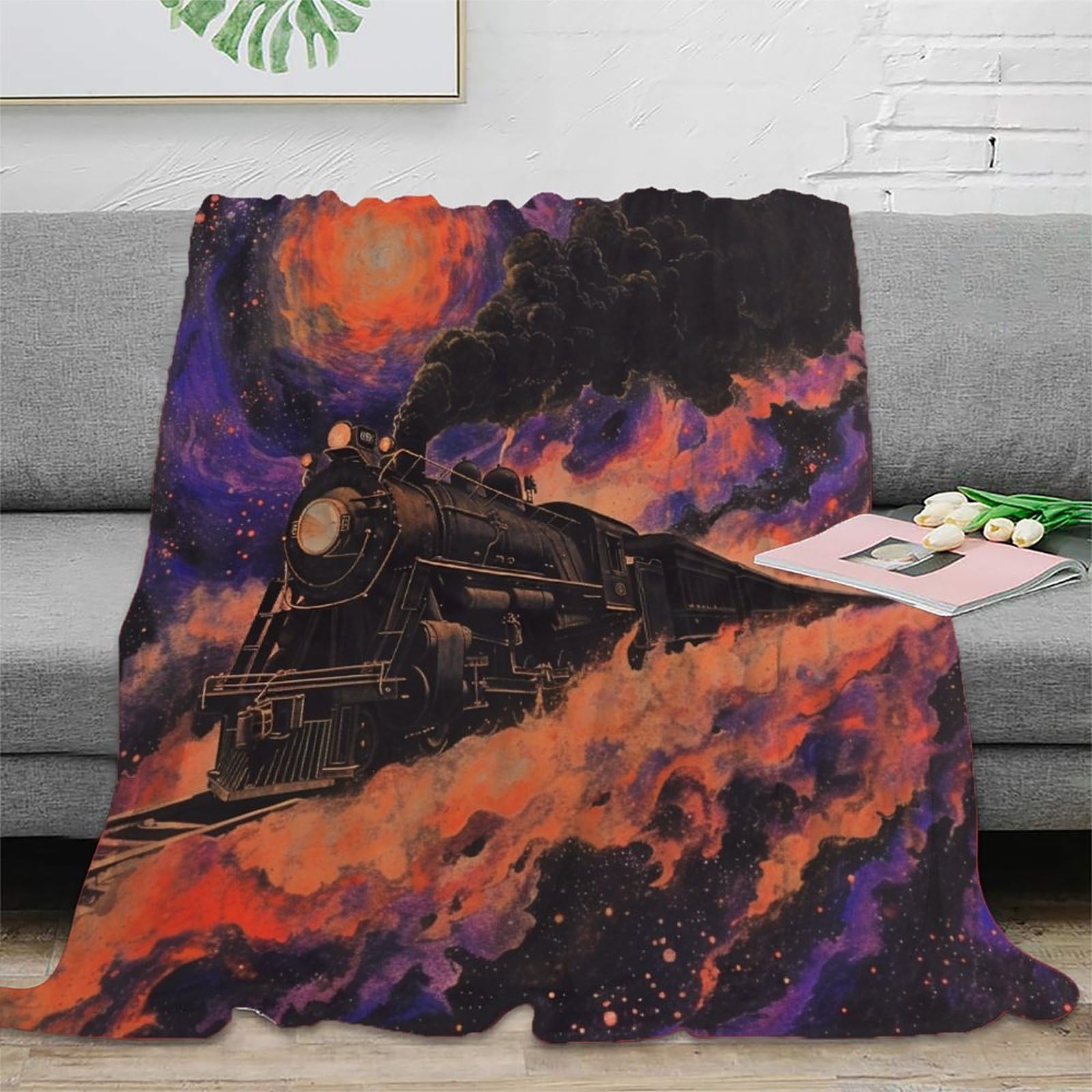 Couverture Train à Vapeur Anti-Froid Plaid Flanelle Douillette Lit et Canapé Enfant