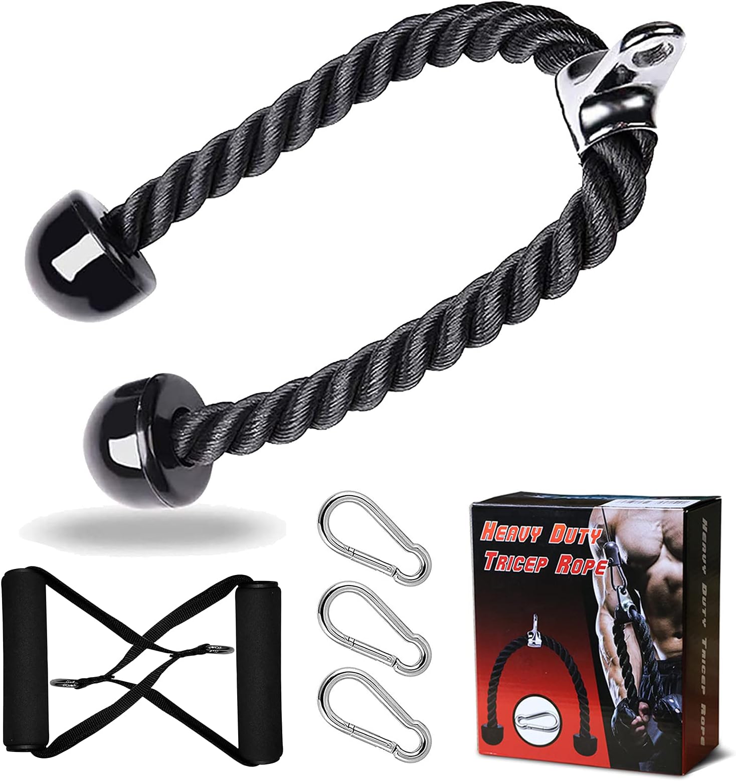 Risefit Heavy Duty Tricep Rope Push Pull Down Bicep Rope Complete Multi Gym Fitness Cable Machine Attachments with Snap Hook Carabiner,Perfect for Arm Strength Training