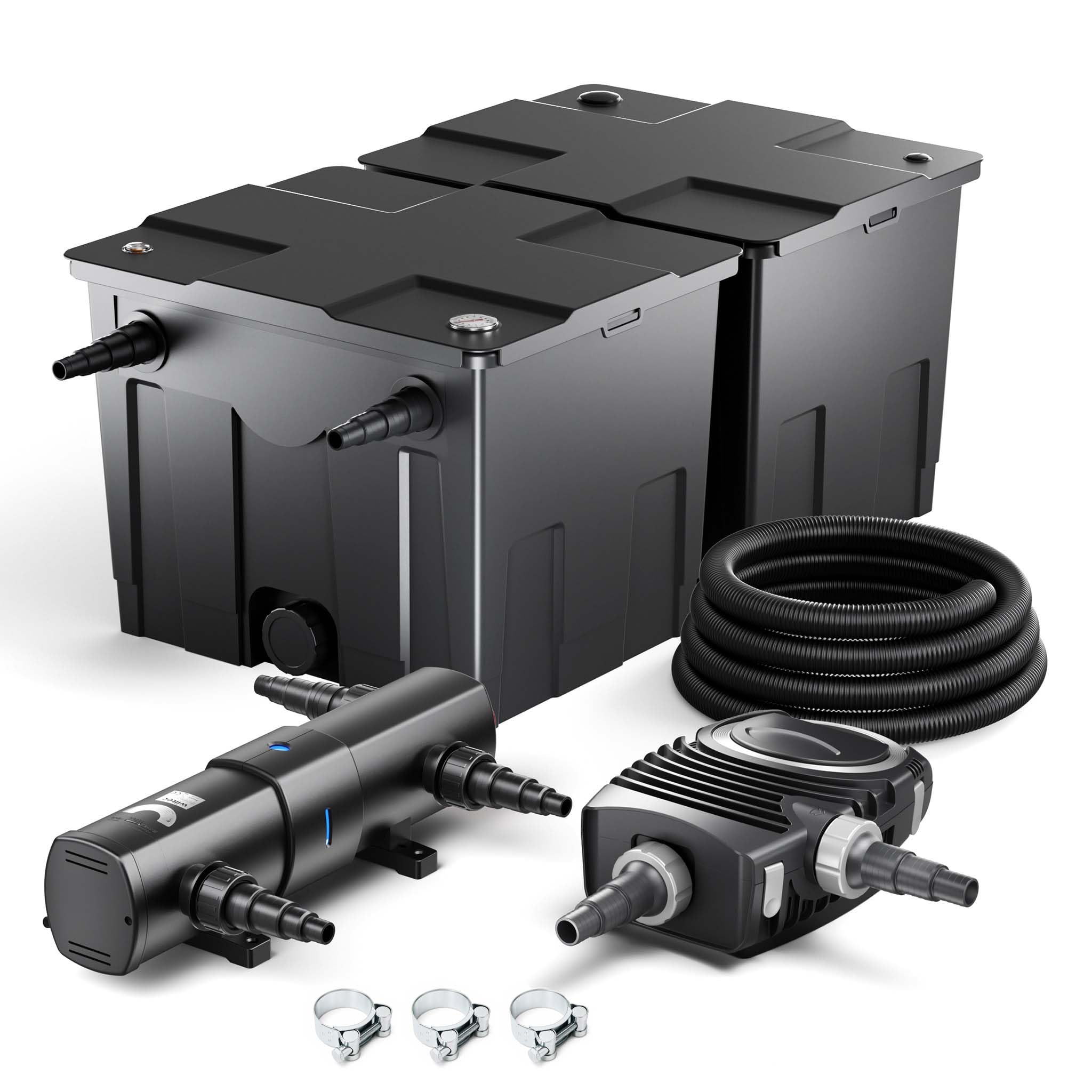 SunSun Komplettset: CBF-350B Teichfilter bis 60000 L Teichfilteranlage Durchlauffilter, NEO10000 Teichpumpe 10000l/h 80W, CUV-236 Teichklärer 36W, 10m Teichschlauch 38 mm, Schlauchschellen W1 44-47mm