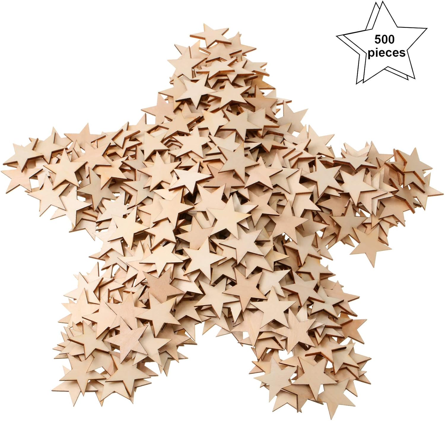 Gejoy 500 Pcs Wooden Stars Unfinished Stars Pieces Blank Wooden Cutouts Ornaments for Craft Memorial Day Independence 4th of July Patriotic Project and Decoration(1.5 Inch)