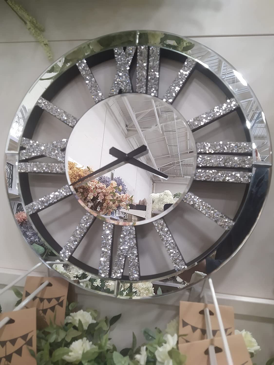 Deenz Silver Round 60X60cm Mirrored Crushed Crystal Wall Clock Loose Diamond Crystal Mirror Wall Silent Clock Chic Finishing Touch